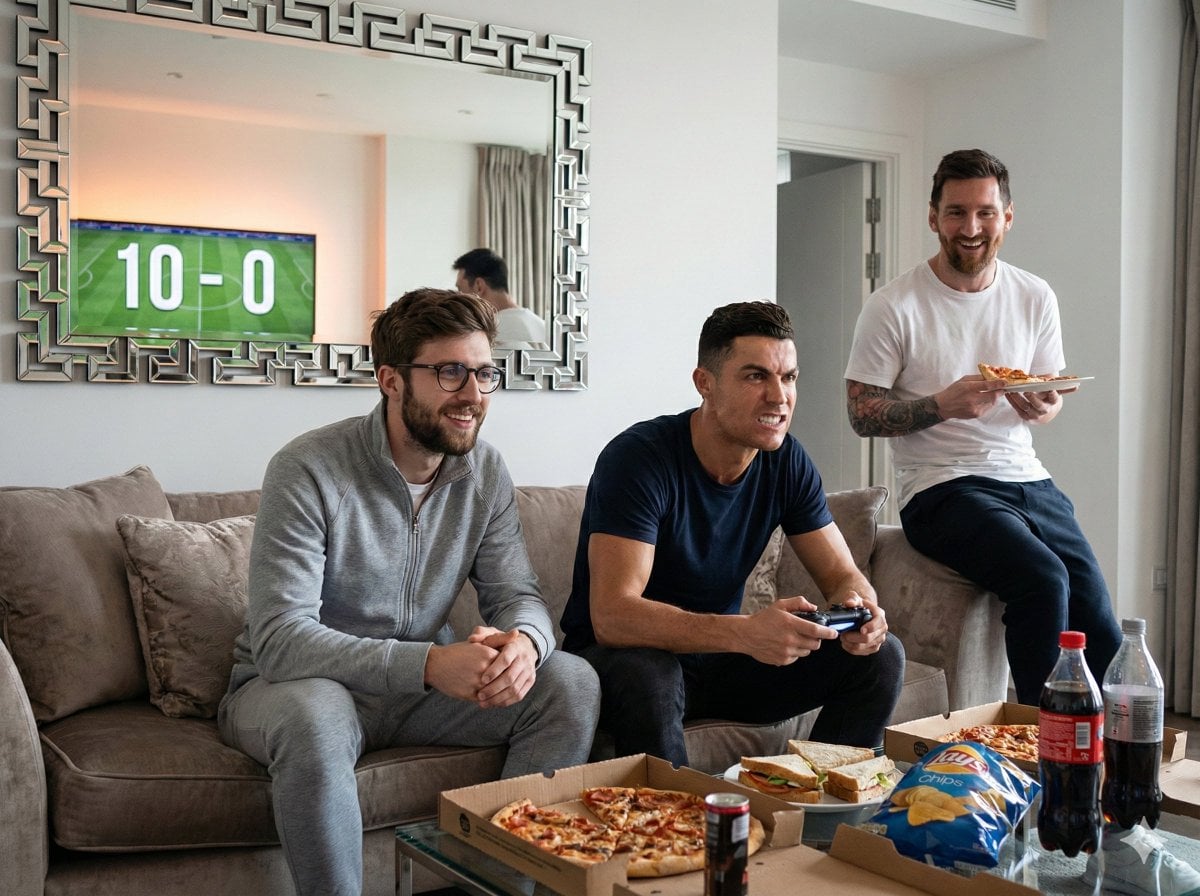 Modern Apartment Living Room Mirror Reflection Football Game