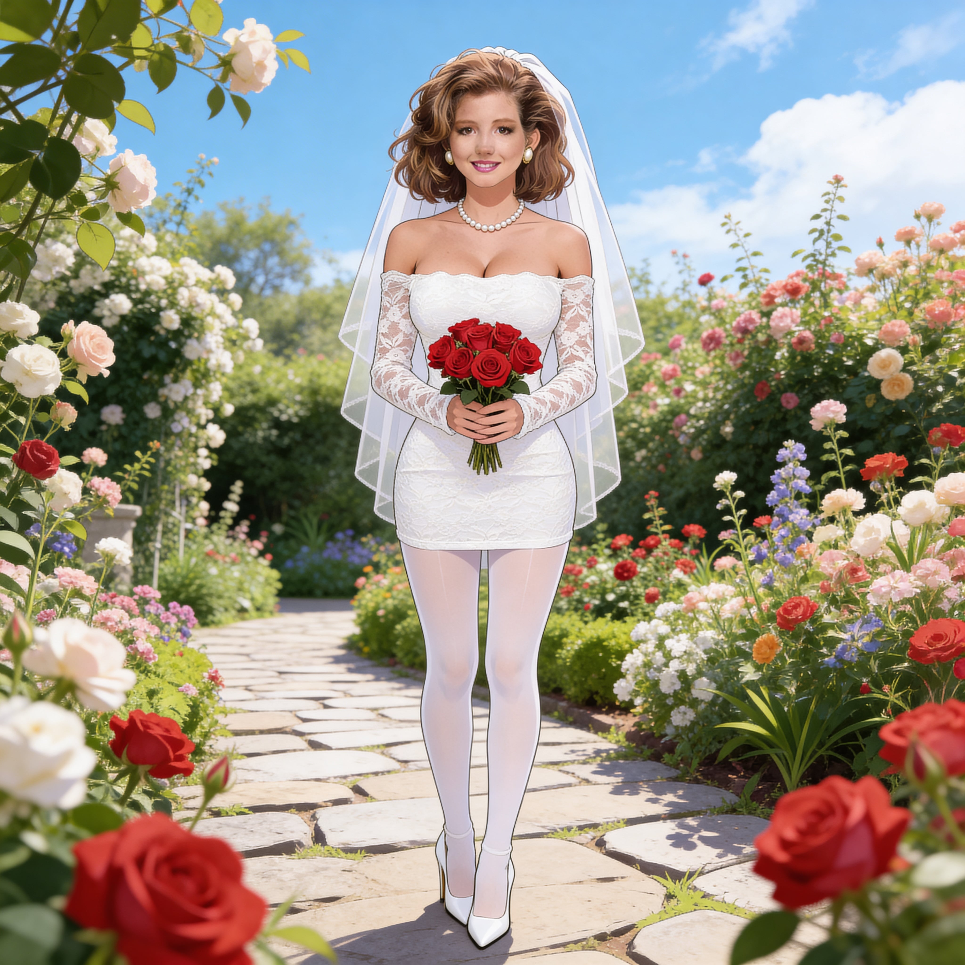 Bride In Rose Garden Holding Red Roses
