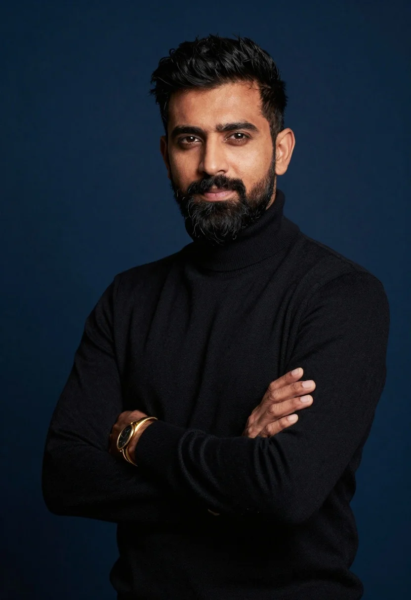 Studio Portrait Man With Dark Hair And Beard Against Deep reference photo