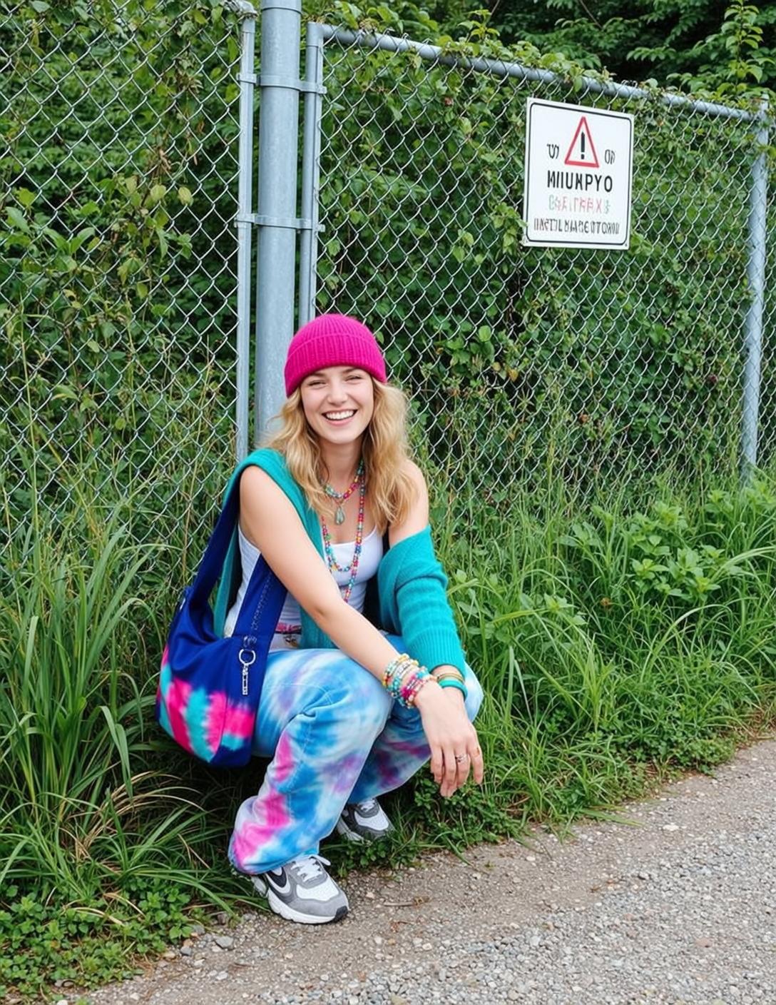 Blonde Woman Crouching Gravel Path Pink Beanie Tie Dye Bag