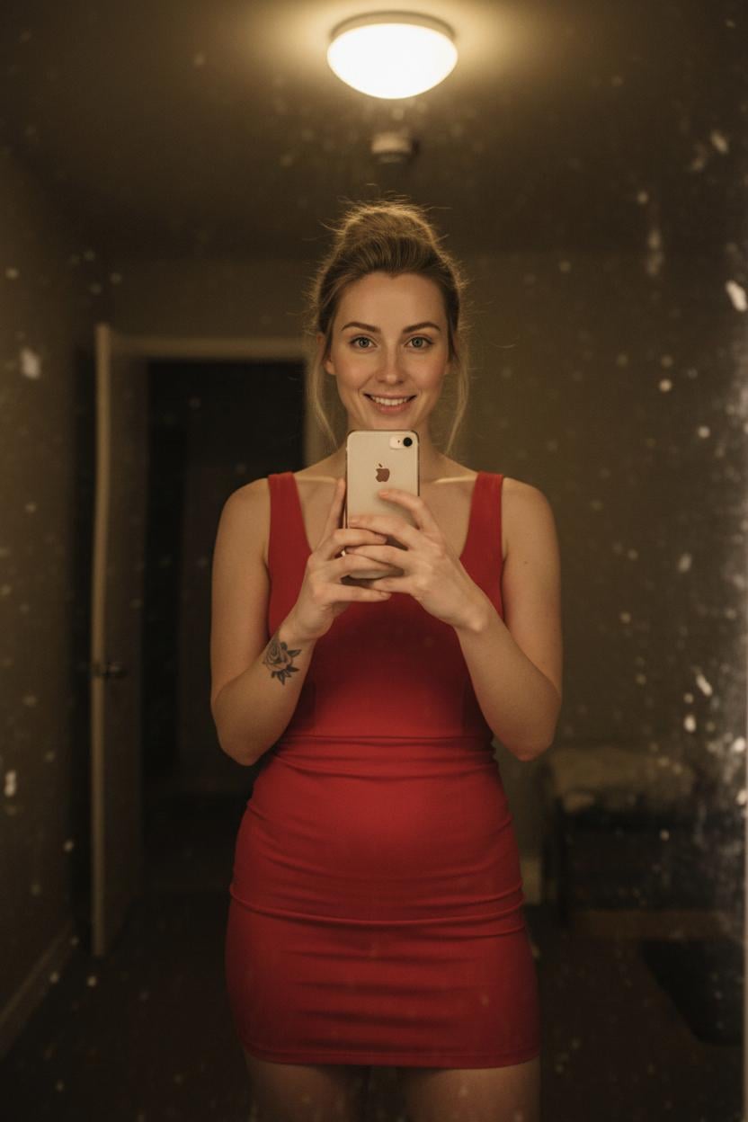 Red Dress Mirror Selfie Night Room