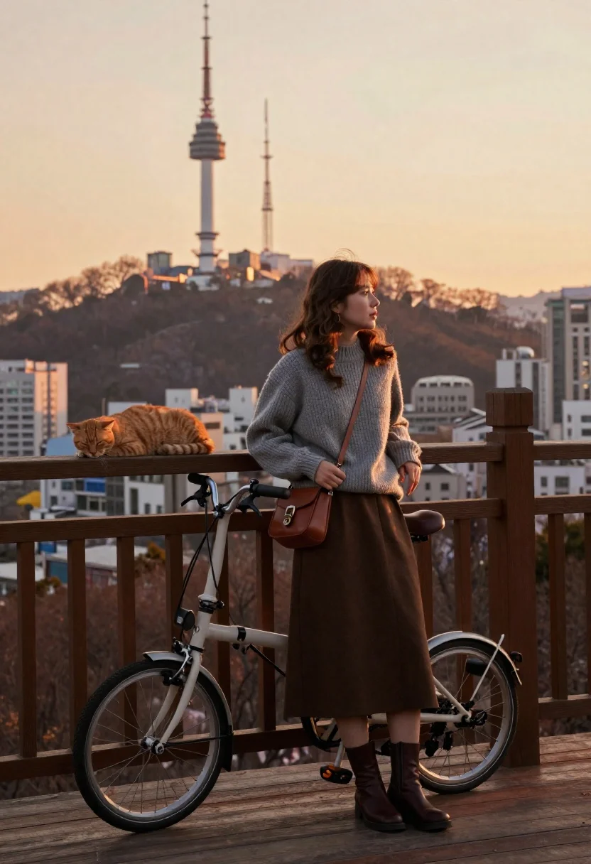 Young Woman Stands Leaning Against Wooden Railing With Bicycle Parked