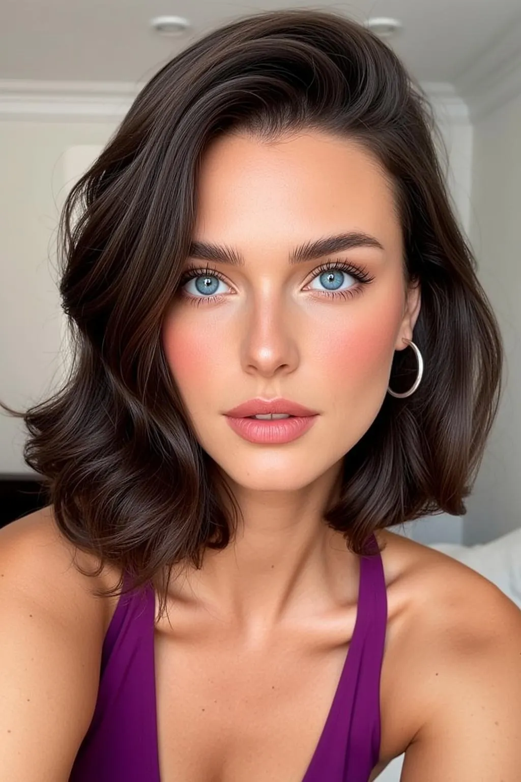 Makeup And Earrings With Purple Top