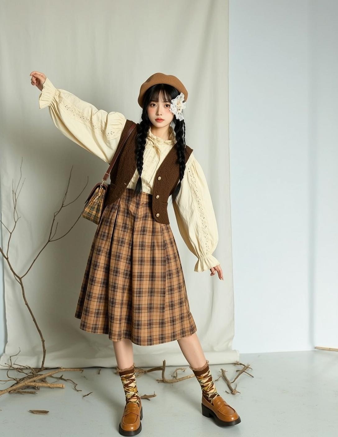 Plaid Midi Skirt Studio Pose