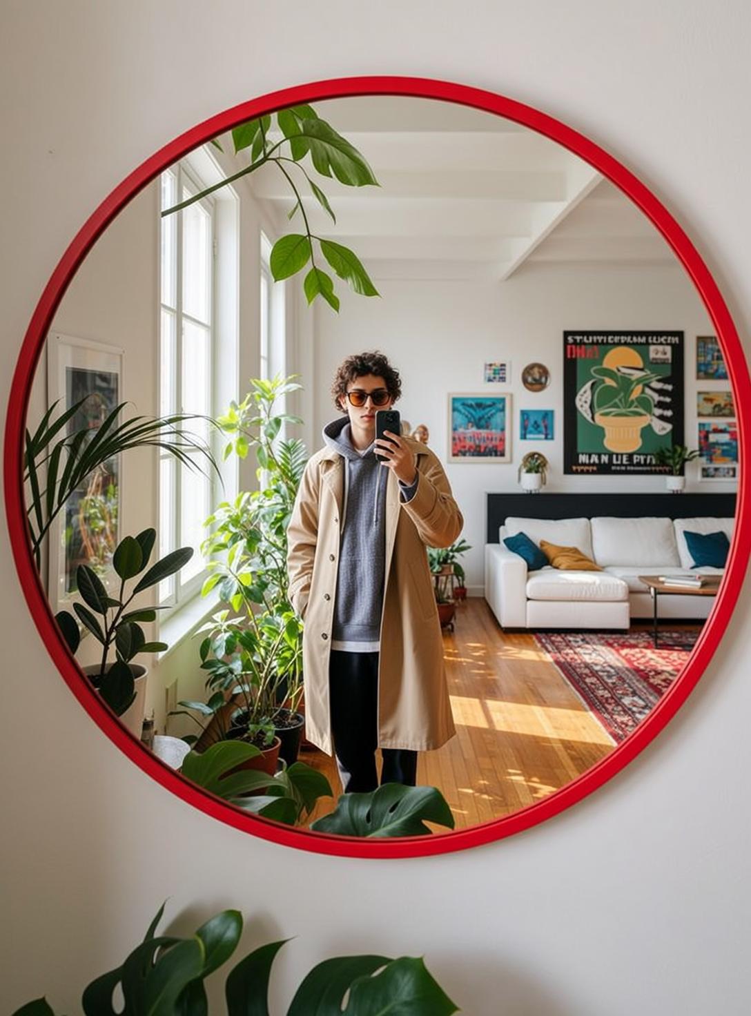 Trench Coat Living Room Selfie