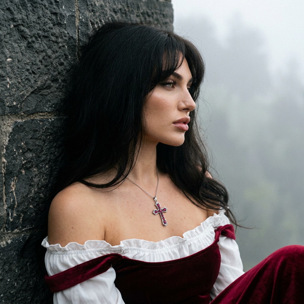 A girl in a white and red velvet dress leans against a gray stone wall surrounded by fog, wearing a silver cross.