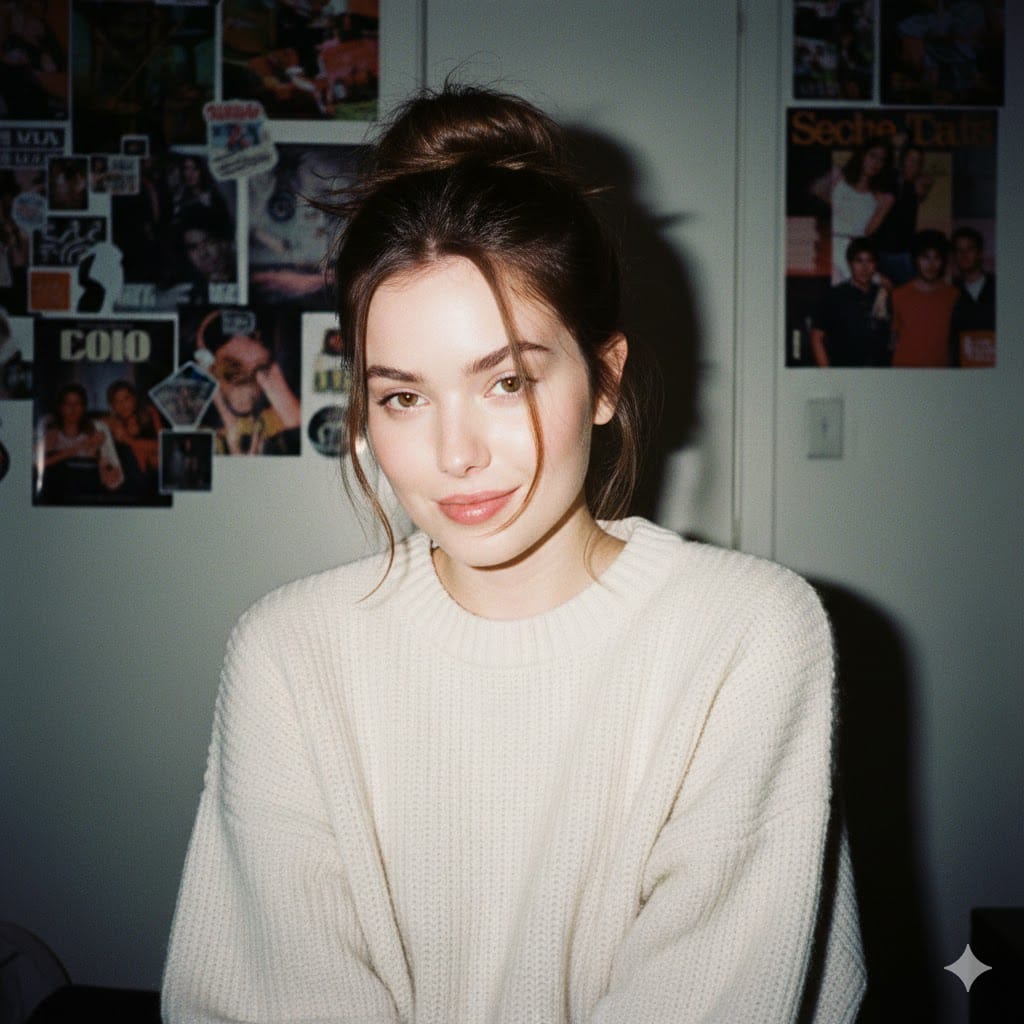 A nostalgic portrait featuring a woman with porcelain skin, messy brown hair in a cozy room adorned with magazine posters.