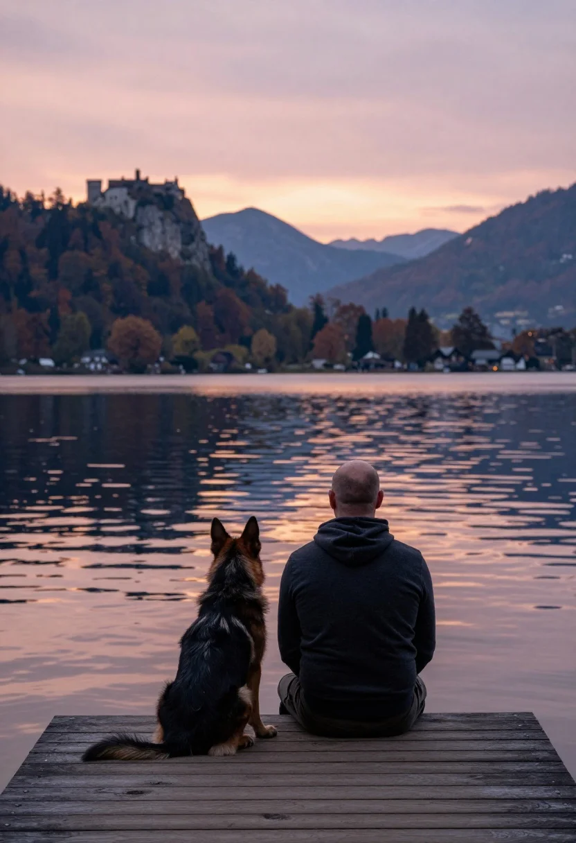Man And His Dog Sit Wooden Dock Overlooking Serene Lake
