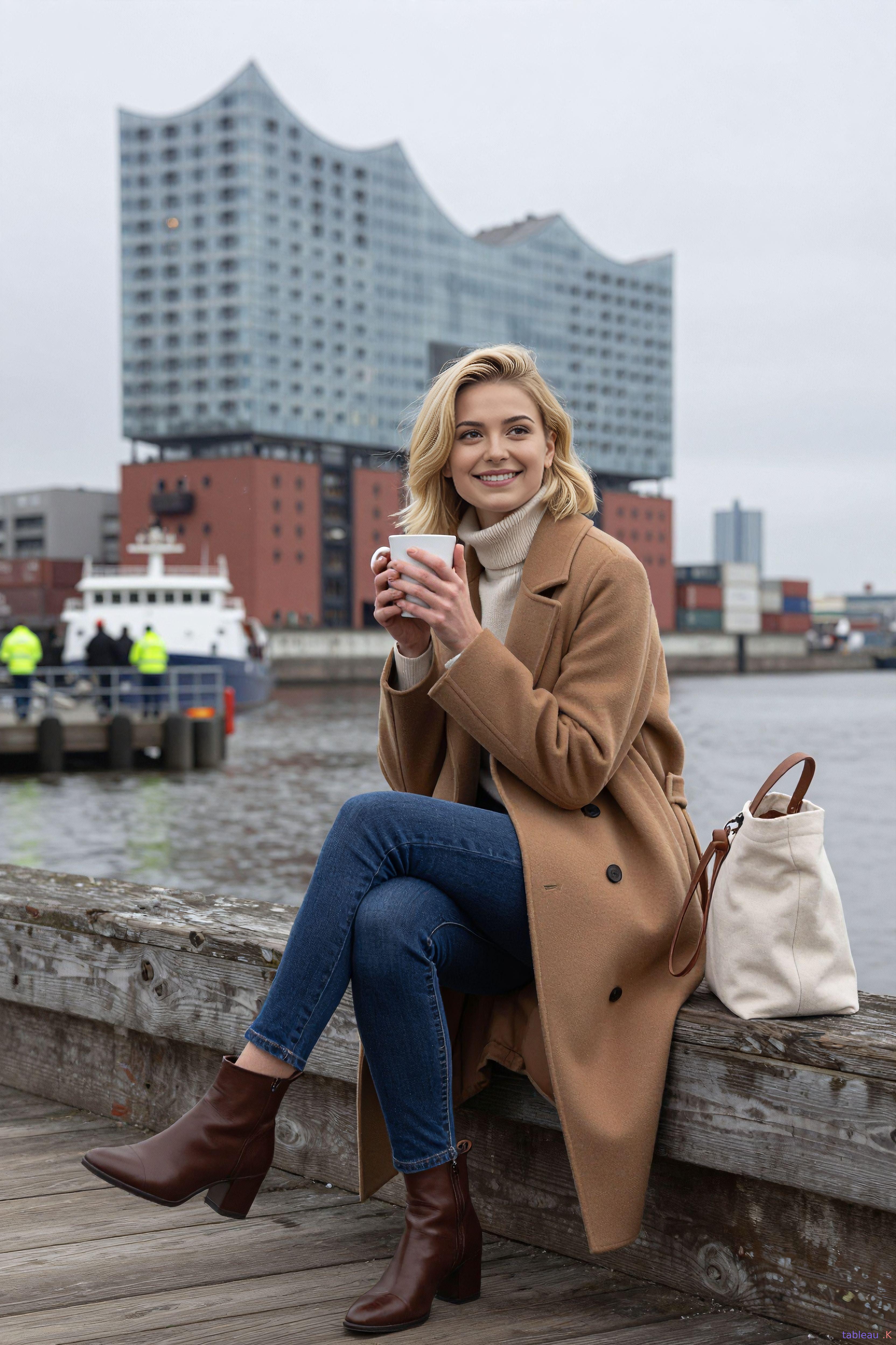 Wooden Pier Hamburg Harbor Elbphilharmonie Camel Coat