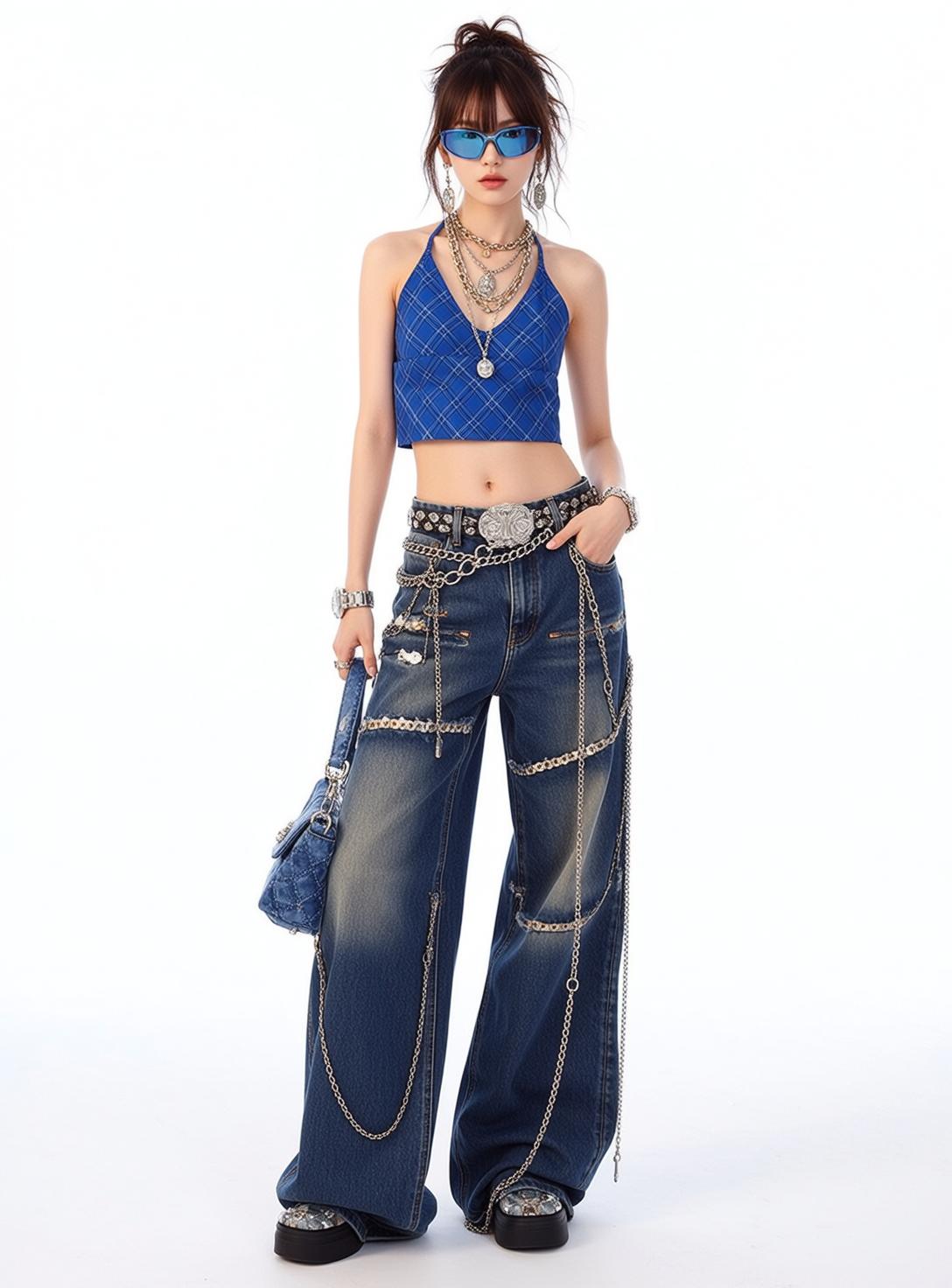Plaid Halter Distressed Denim Look