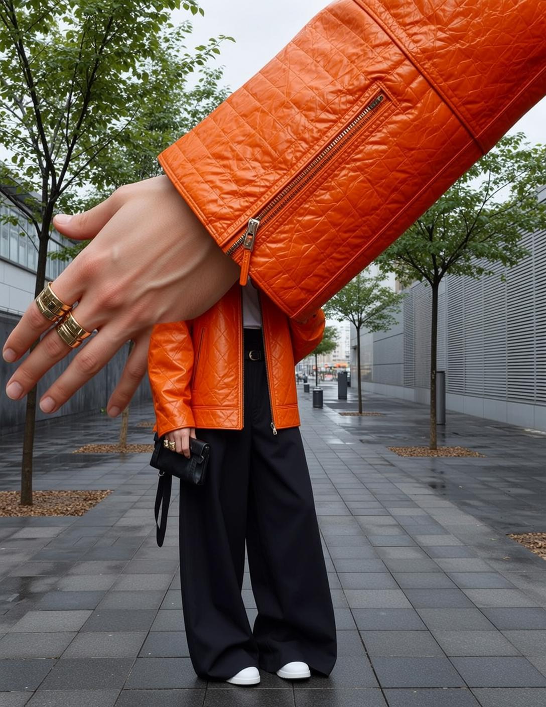 Creative Fair Wide-leg Black Trousers Orange Quilted