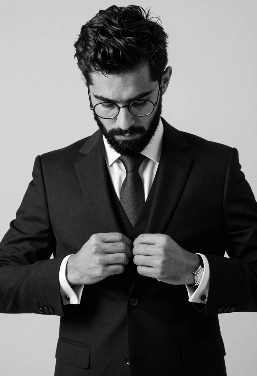 Black And White Studio Portrait Handsome Man With Dark Hair