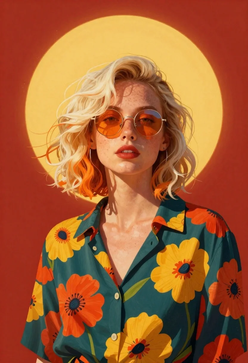Medium And Scene Vibrant Digital Portrait Stylish Woman With Freckles reference photo
