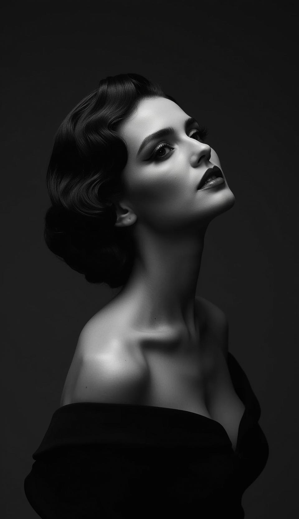 Photorealistic Black And White Medium Shot Portrait Woman With Dark