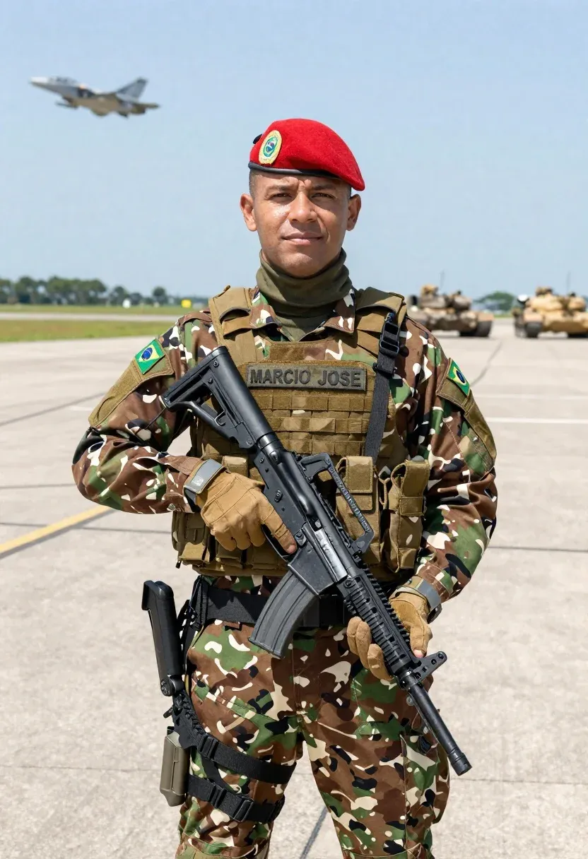 Photorealistic Portrait Brazilian Soldier Full Combat Gear Standing Airfield With