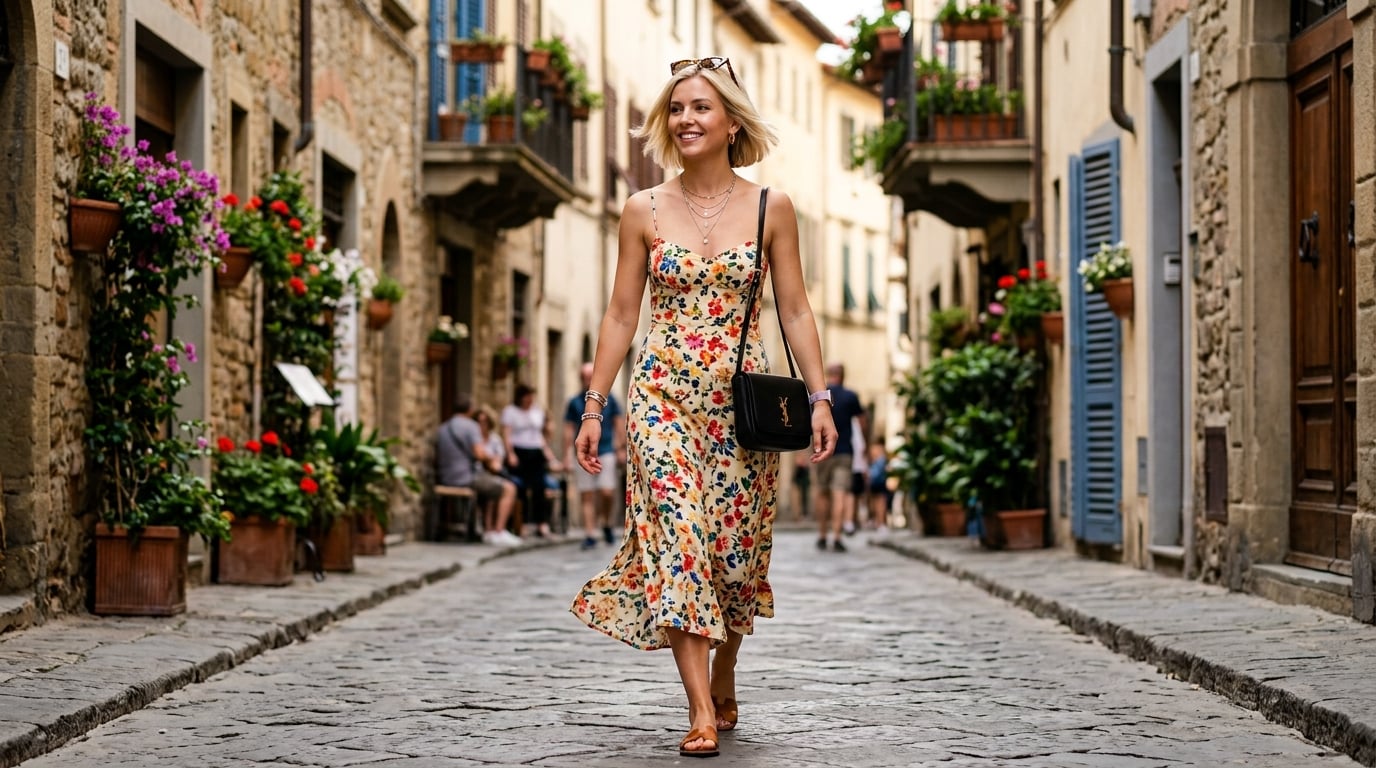Walking Cobblestone Street European Village Sundress