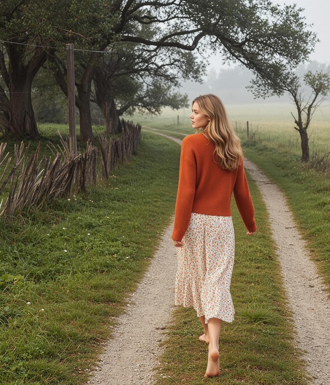 Cottagecore Captured Walking Away Gravel Path Her