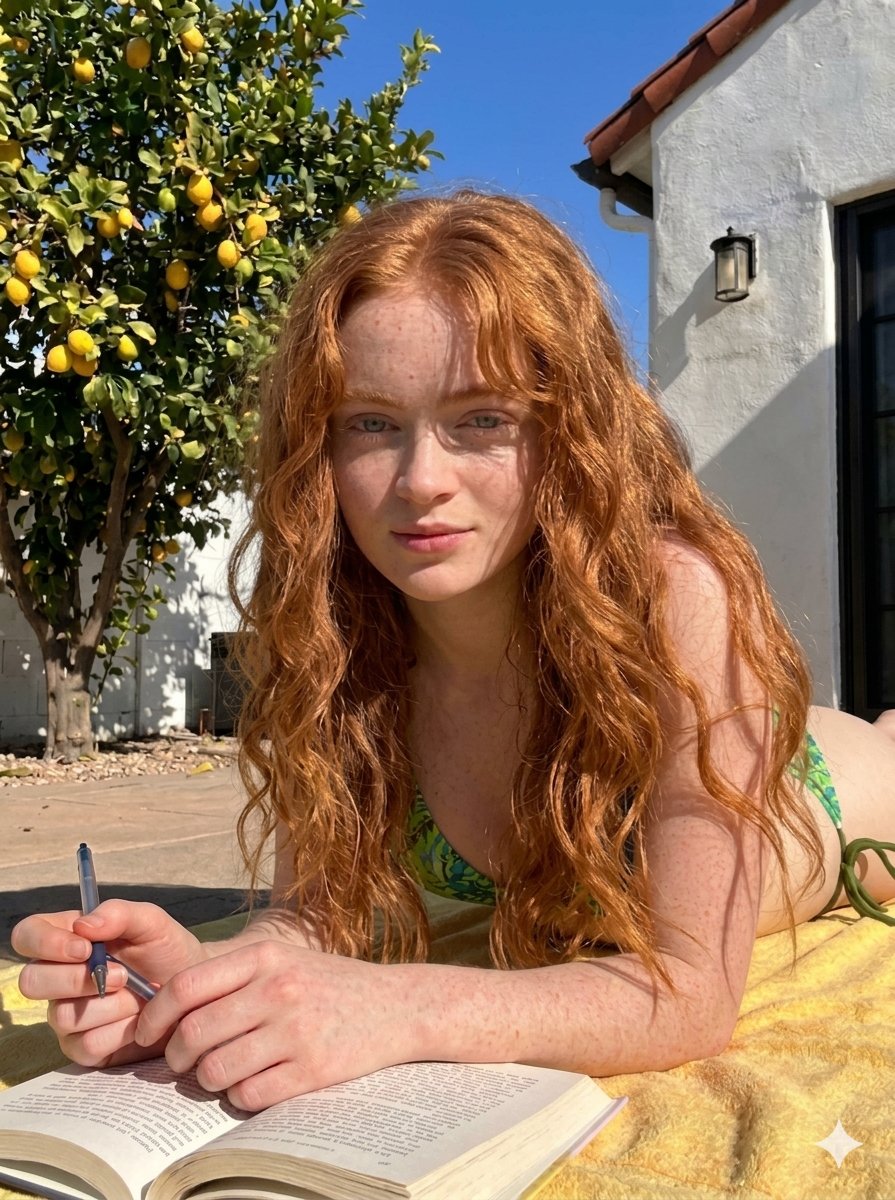 Red Hair Botanical Bikini Yellow Towel Patio