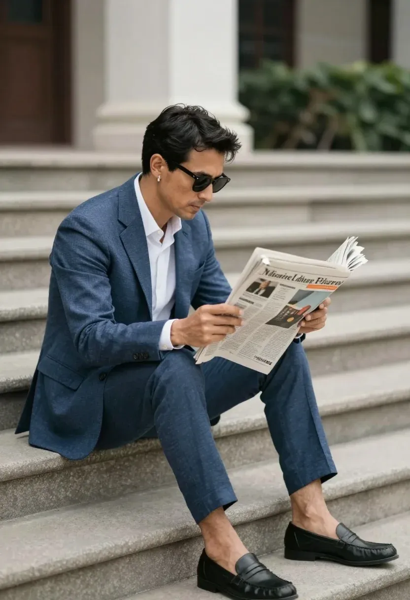 Man Sits Concrete Steps Reading Newspaper Subject Man With Dark