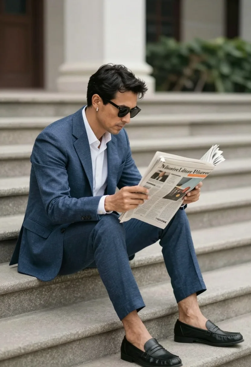 Man Sits Concrete Steps Reading Newspaper Subject Man With Dark