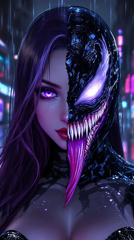 A stunning anime-style portrait of a seductive young woman with violet hair, one side featuring beauty, the other symbiotic terror in a cyberpunk city.