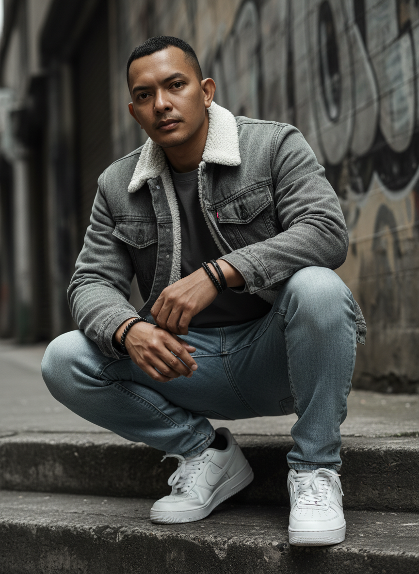 A South Asian male model poses in an urban alley wearing a gray denim jacket, showcasing a confident expression against a graffiti backdrop.