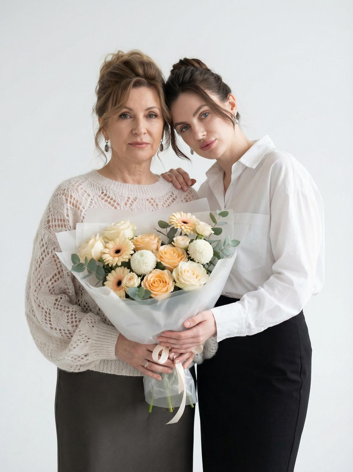 Two women in a minimalist studio, standing close with a large bouquet of cream and peach flowers, elegantly styled with soft, natural makeup.
