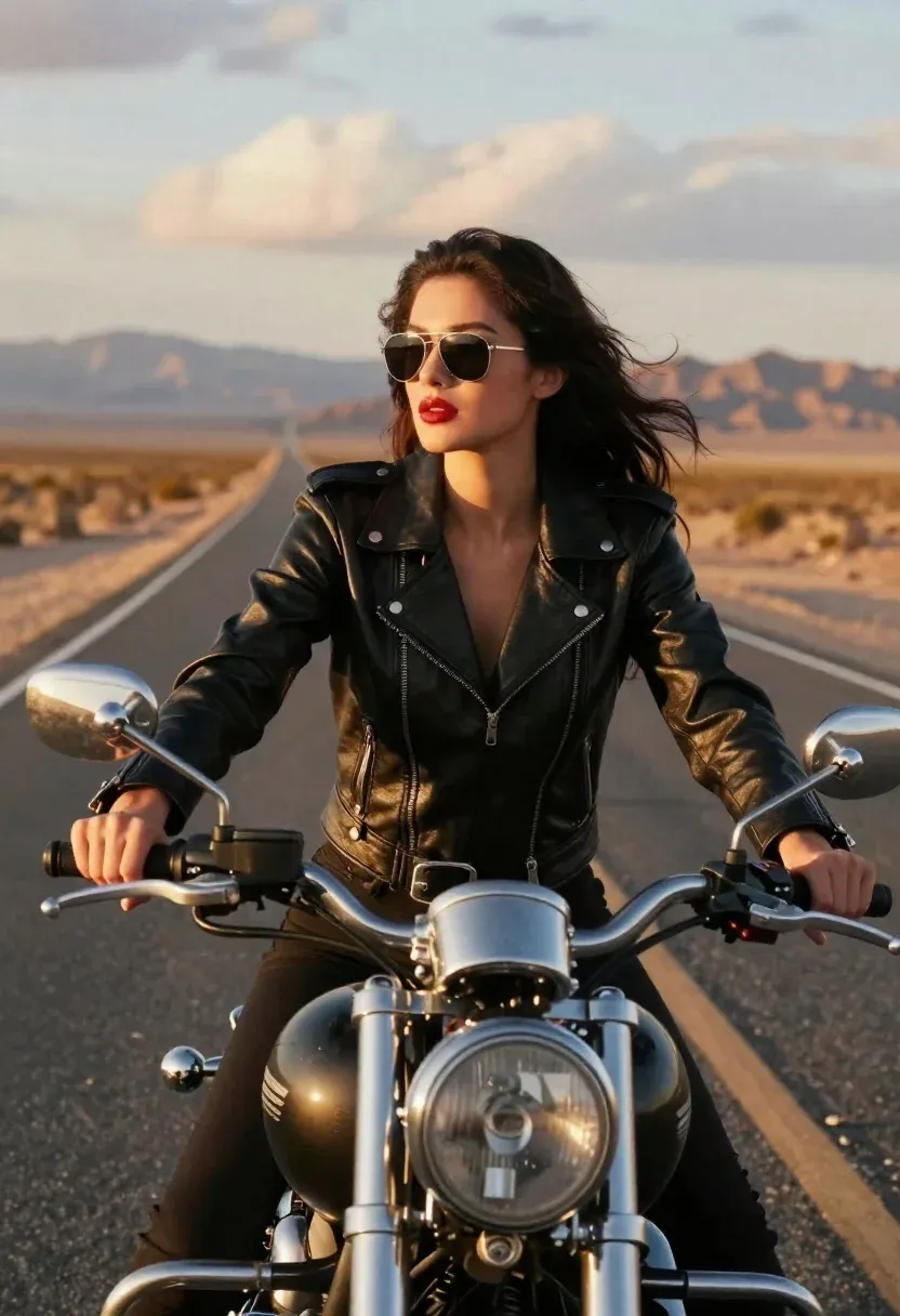 Cinematic Shot Woman Vintage Motorcycle Riding Down Empty Desert Highway