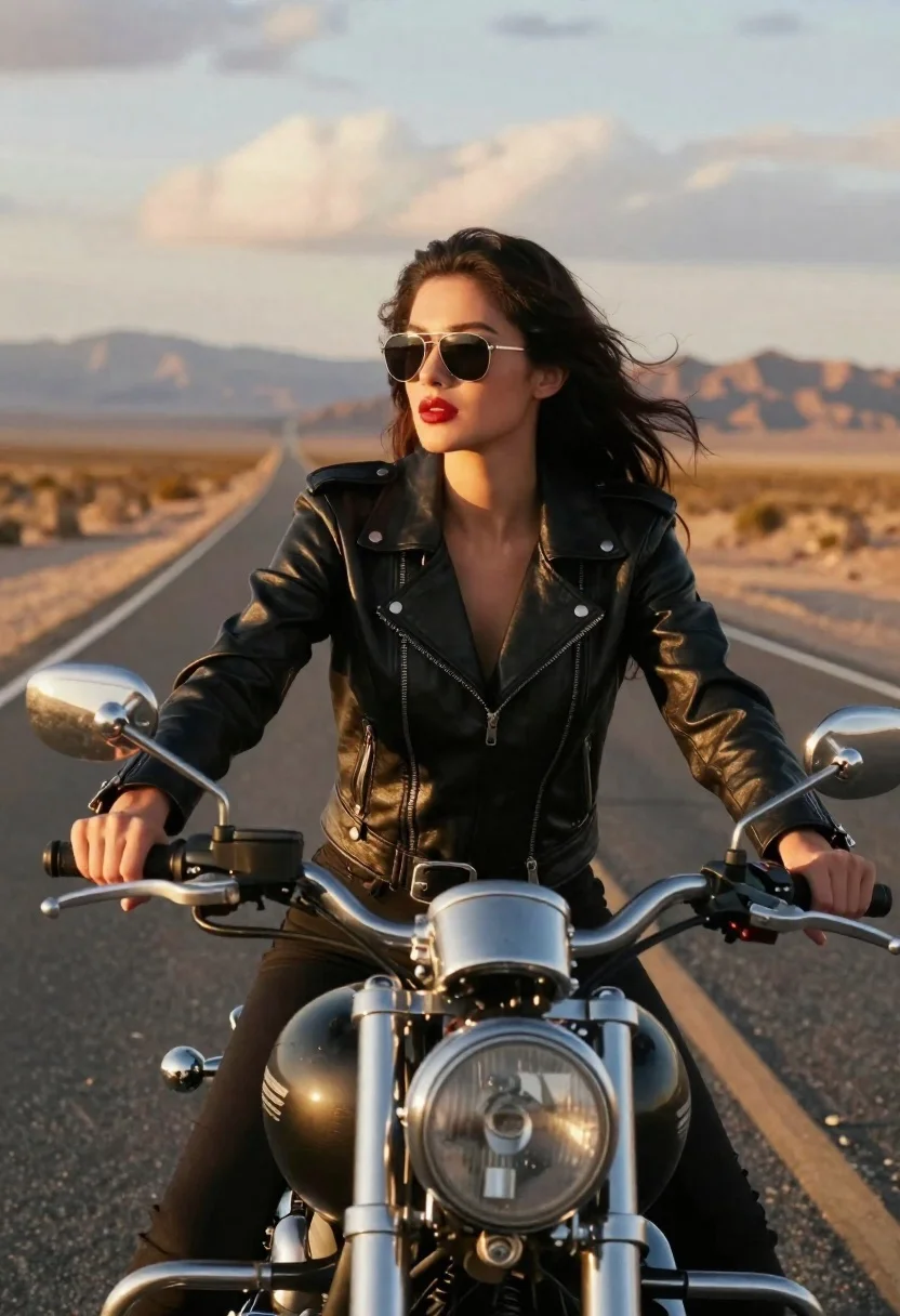 Cinematic Shot Woman Vintage Motorcycle Riding Down Empty Desert Highway reference photo
