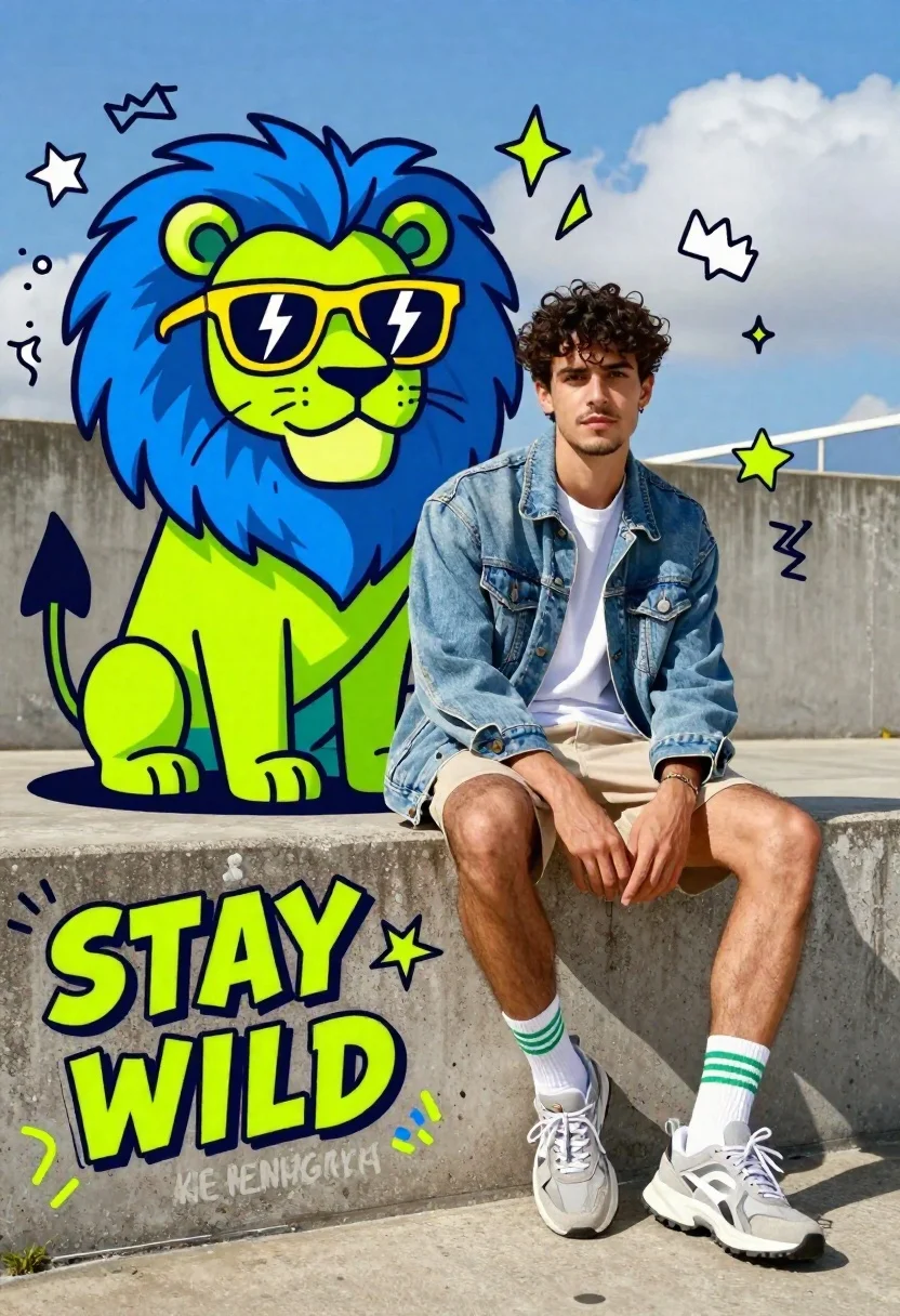 Young Man With Dark Curly Hair Sits Casually Concrete Ledge