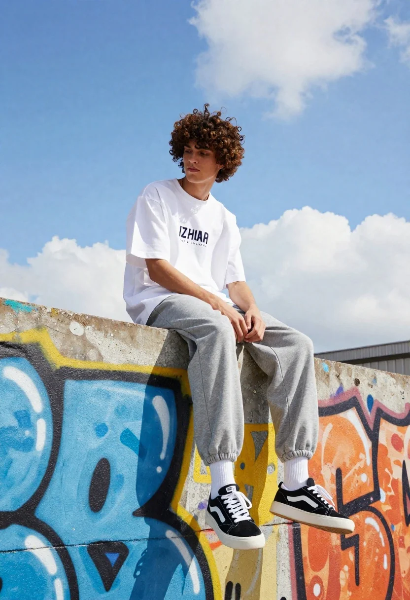 A young man with curly dark hair sits casually against a colorful graffiti-covered wall under a bright blue sky, showcasing high-key photography.