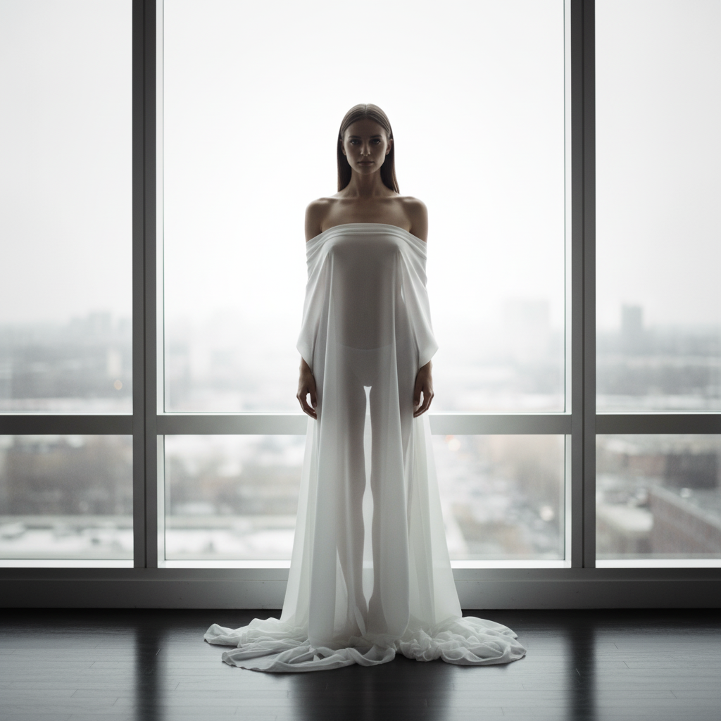 Beautiful female model standing in a large window, backlit by soft daylight, showcasing a radiant halo effect with sheer white organza.