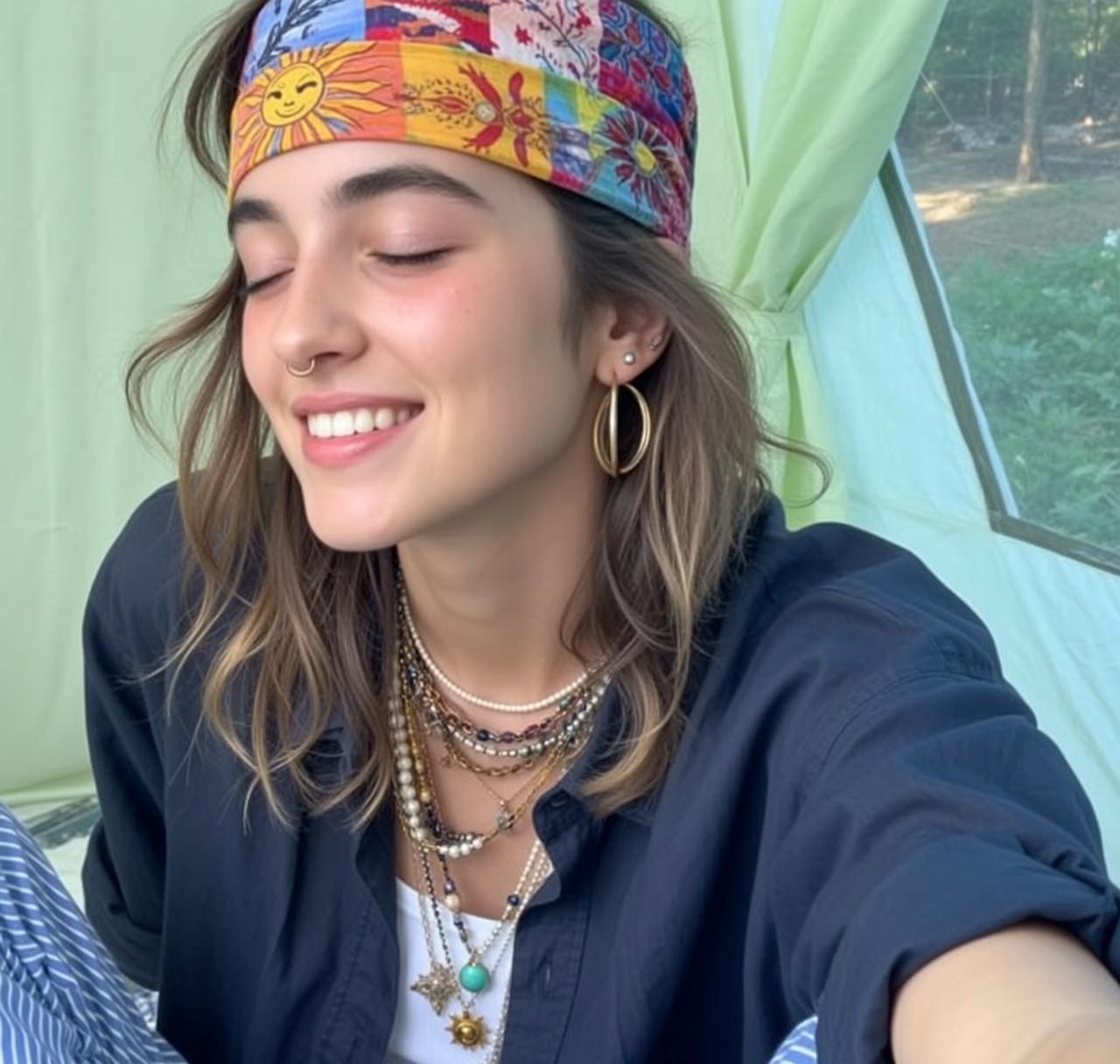 Tent Interior Wavy Brown Hair Gold Jewelry Smiling