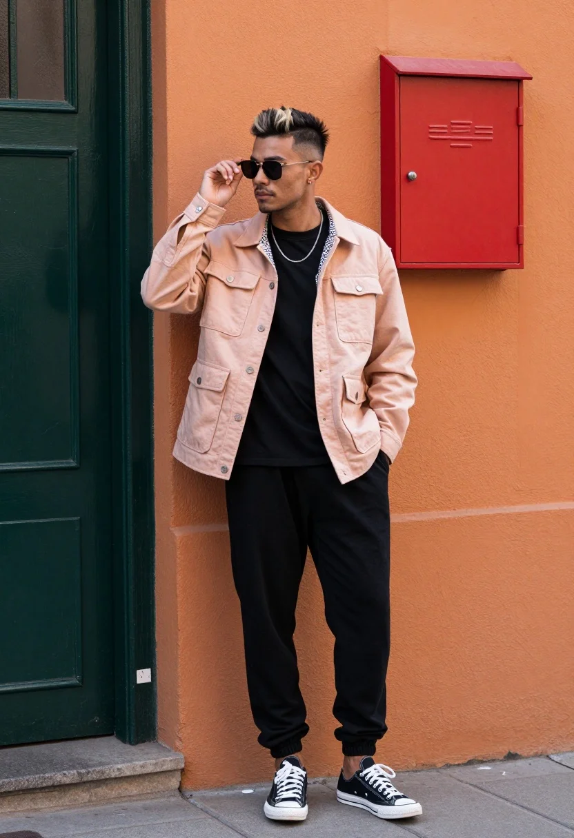 Full-body Shot Stylish Man Posing Confidently Against Vibrant Urban Alleyway