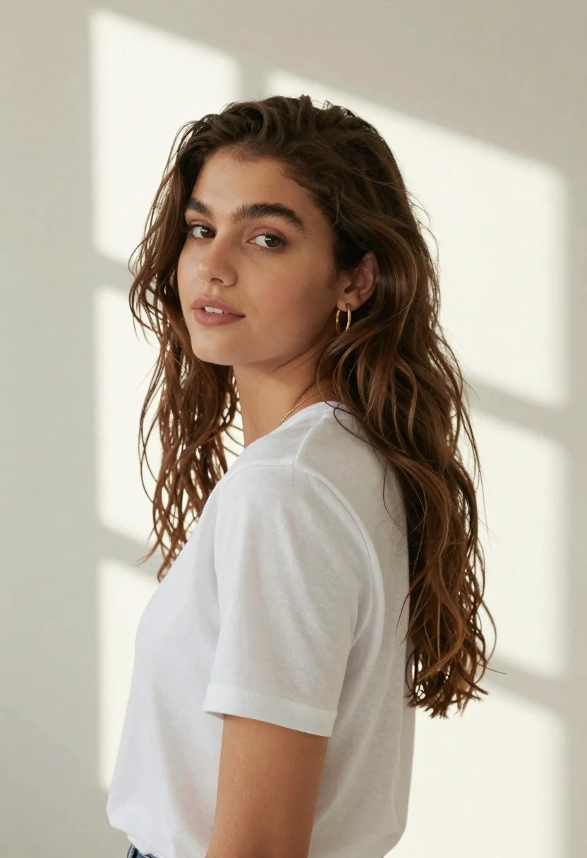 Studio Portrait Woman With Long Wavy Brown Hair Wearing White reference photo