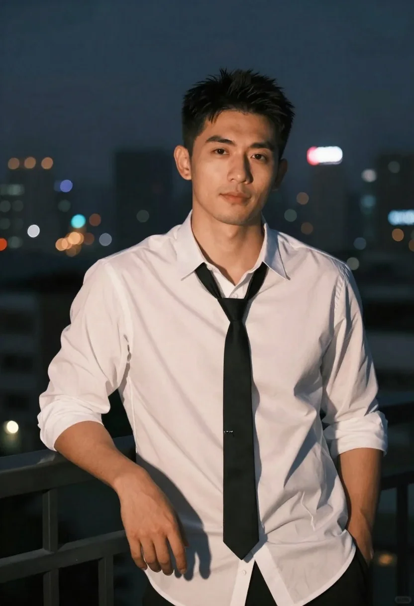 Confident Man Stands Leaning Against Railing Night With City Skyline