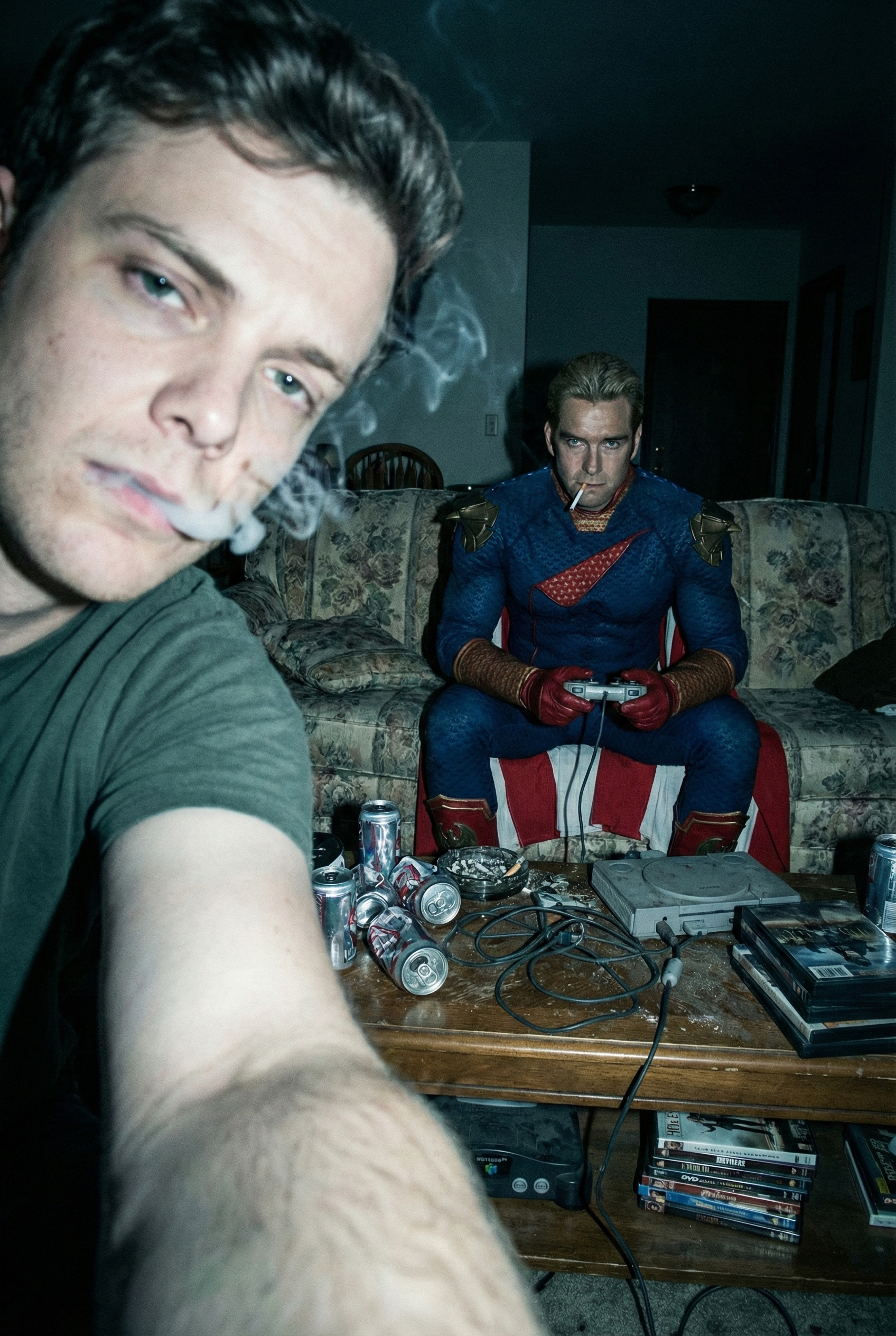 A low-angle shot of a person exhaling smoke on a floral couch, capturing a dark t-shirt and superhero in the background.