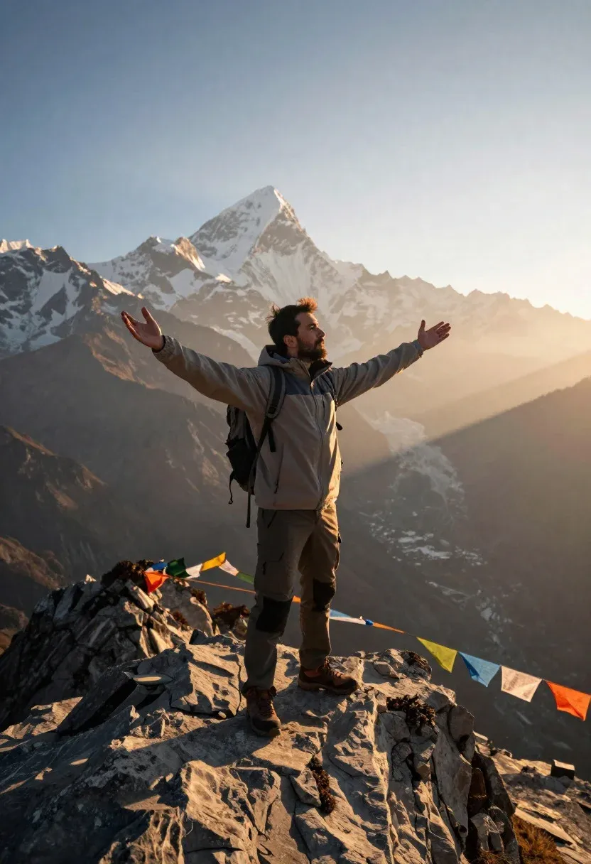 Serene Mountain Vista Scene Adventurous Man Standing Triumphantly Atop Rugged