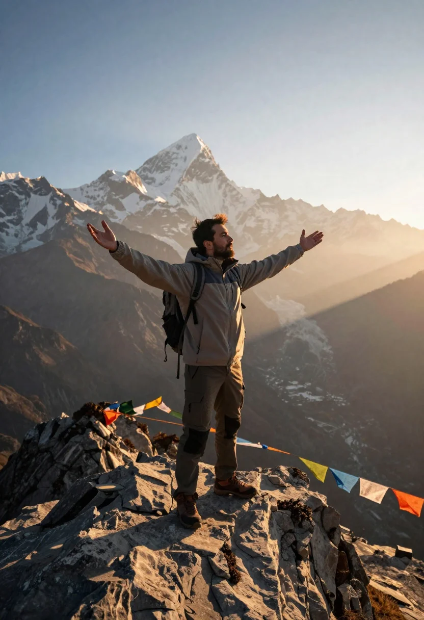 Serene Mountain Vista Scene Adventurous Man Standing Triumphantly Atop Rugged reference photo