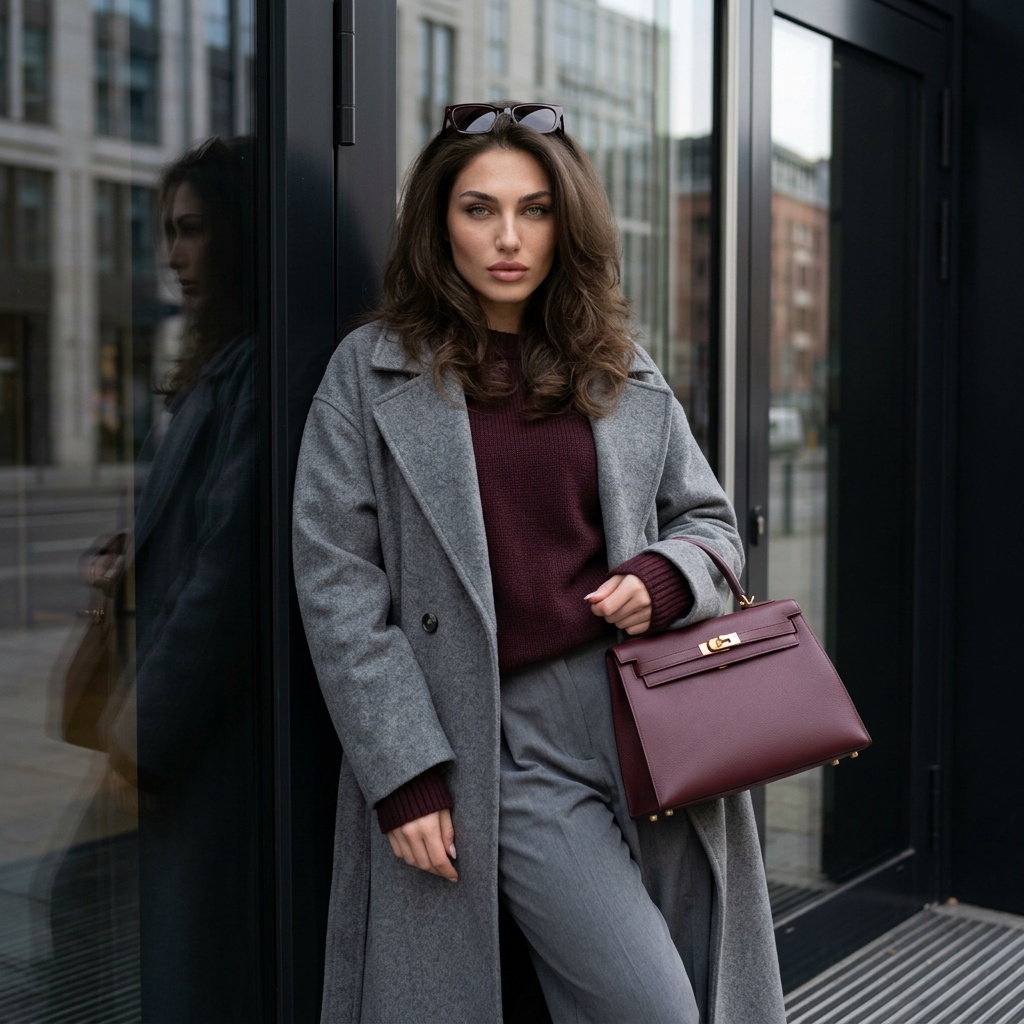 Ultra-realistic street fashion model leaning on a modern building entrance, wearing a gray coat and holding a burgundy bag.