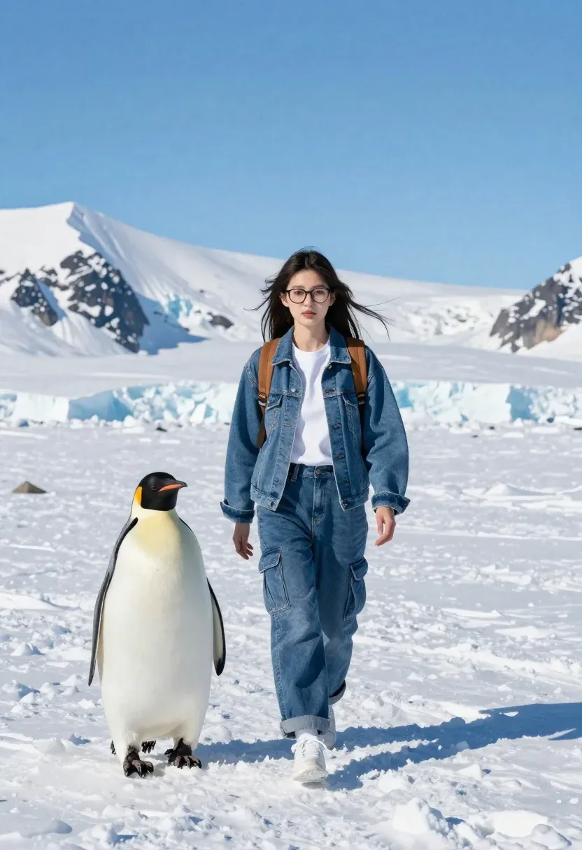 Young Woman Walks Across Vast Snowy Landscape Alongside Emperor Penguin