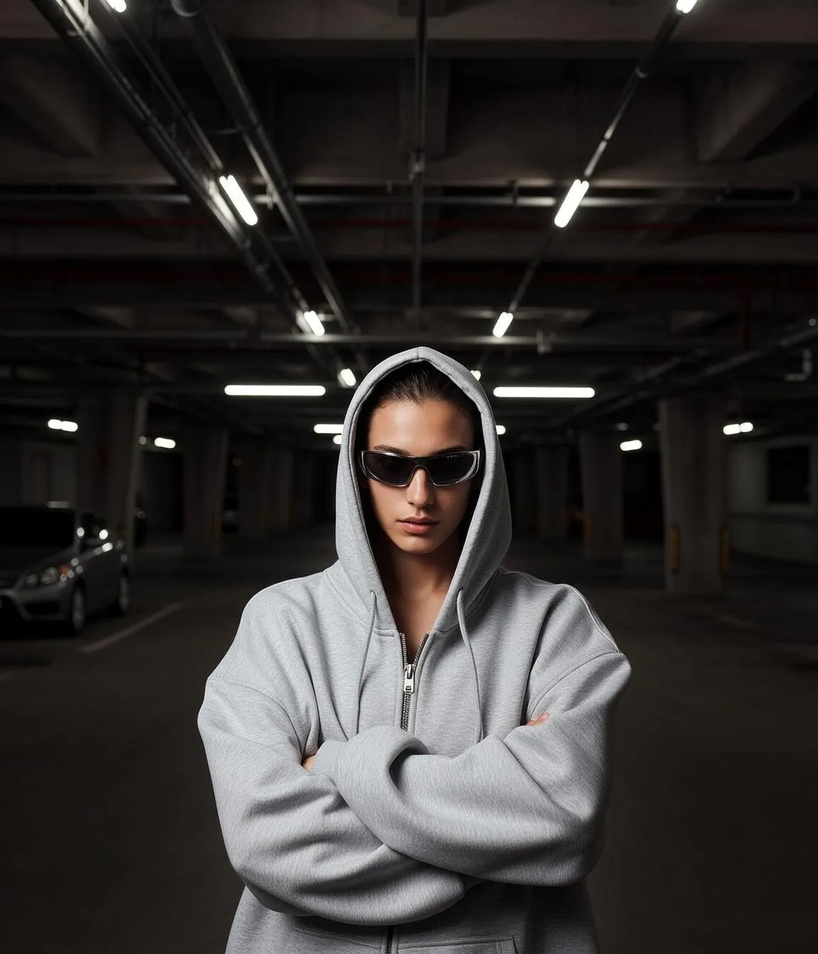Black Wraparound Sunglasses With Arms Crossed Portrait