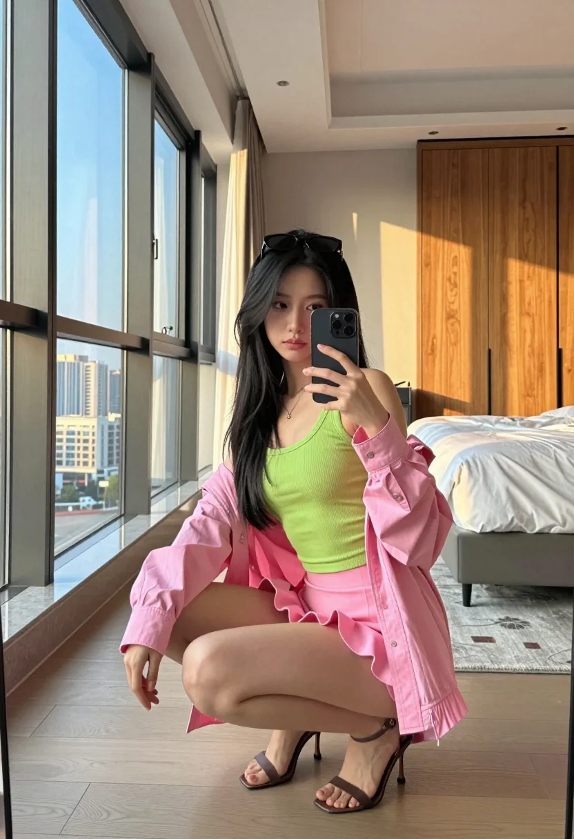 A young woman with long dark hair crouching in a modern bedroom taking a mirror selfie, illuminated by warm golden sunlight.