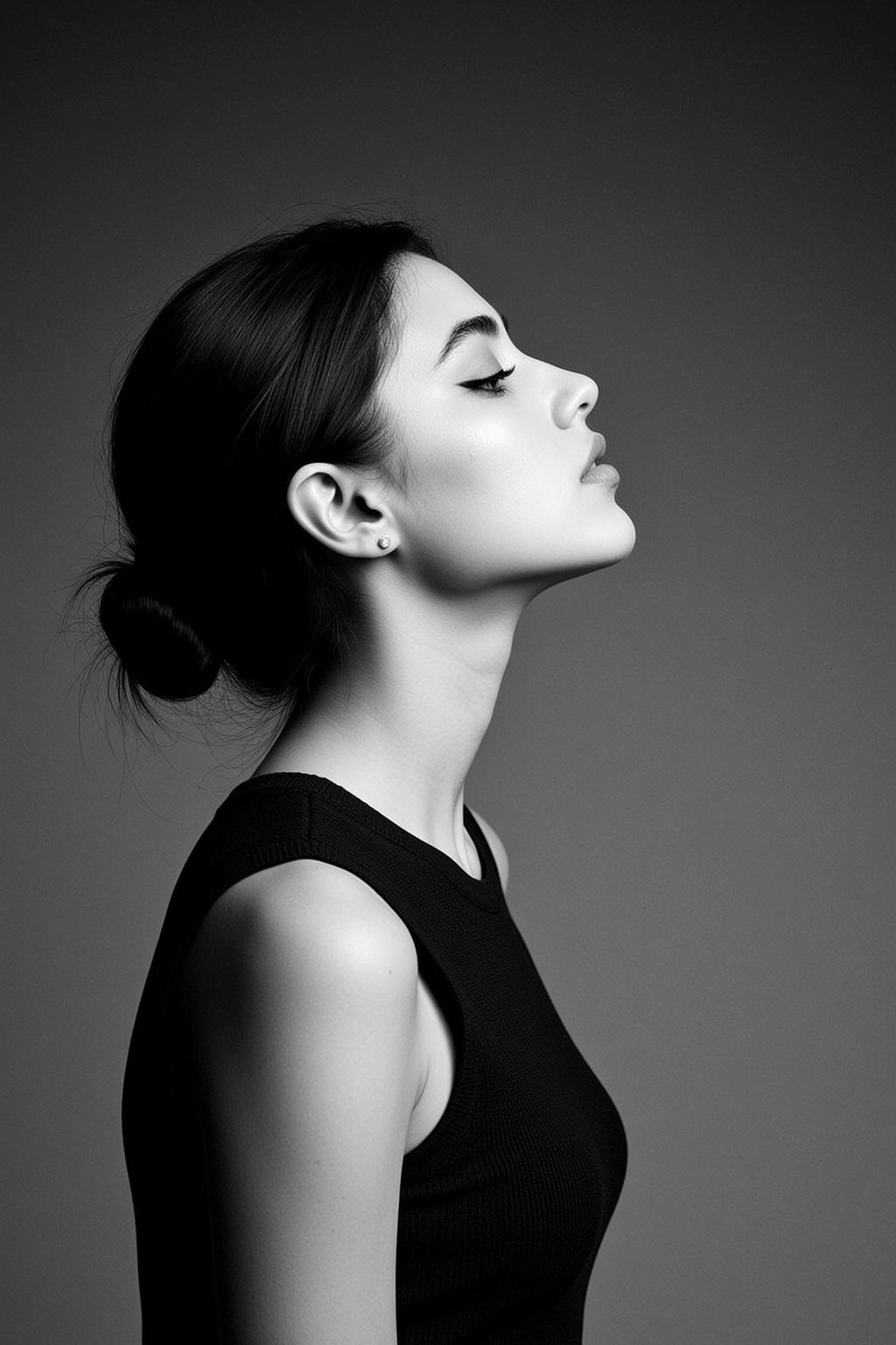 Photorealistic Medium Shot Black And White Portrait Young Woman Profile