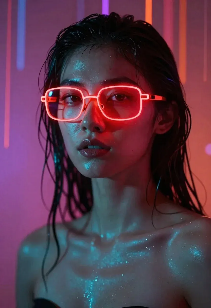 Close-up Portrait Woman With Wet Dark Hair And Glowing Red