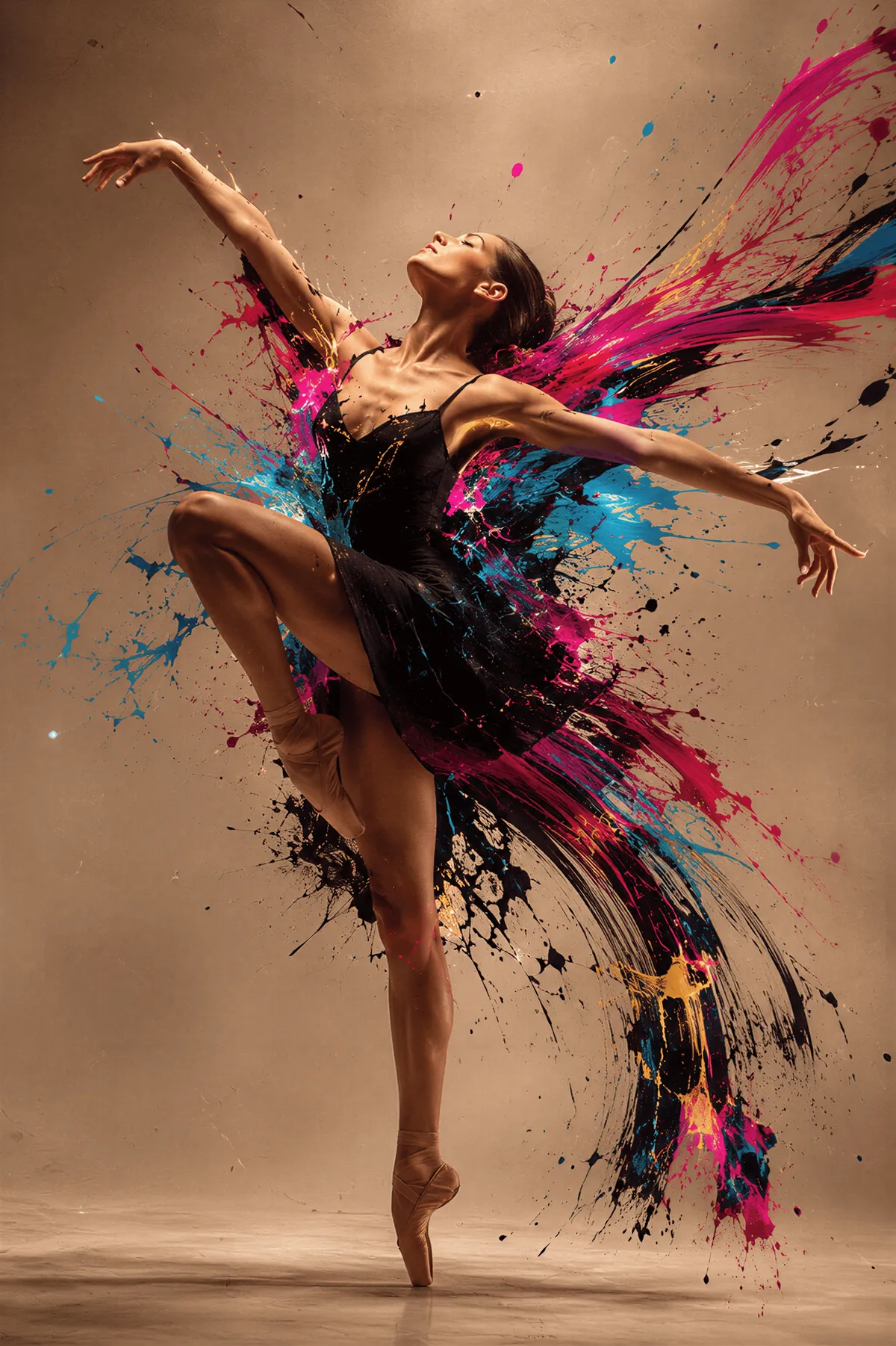 Ballerina Elegant Dance Pose Liquid Paint Splashes