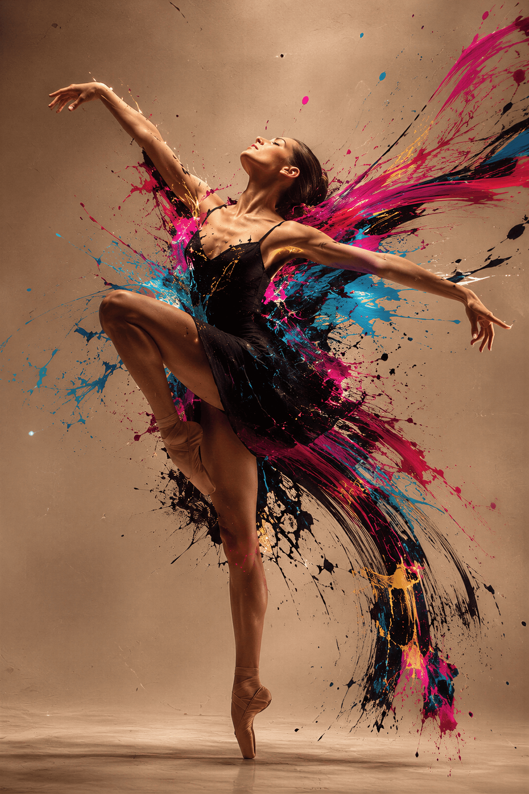 Ballerina Elegant Dance Pose Liquid Paint Splashes
