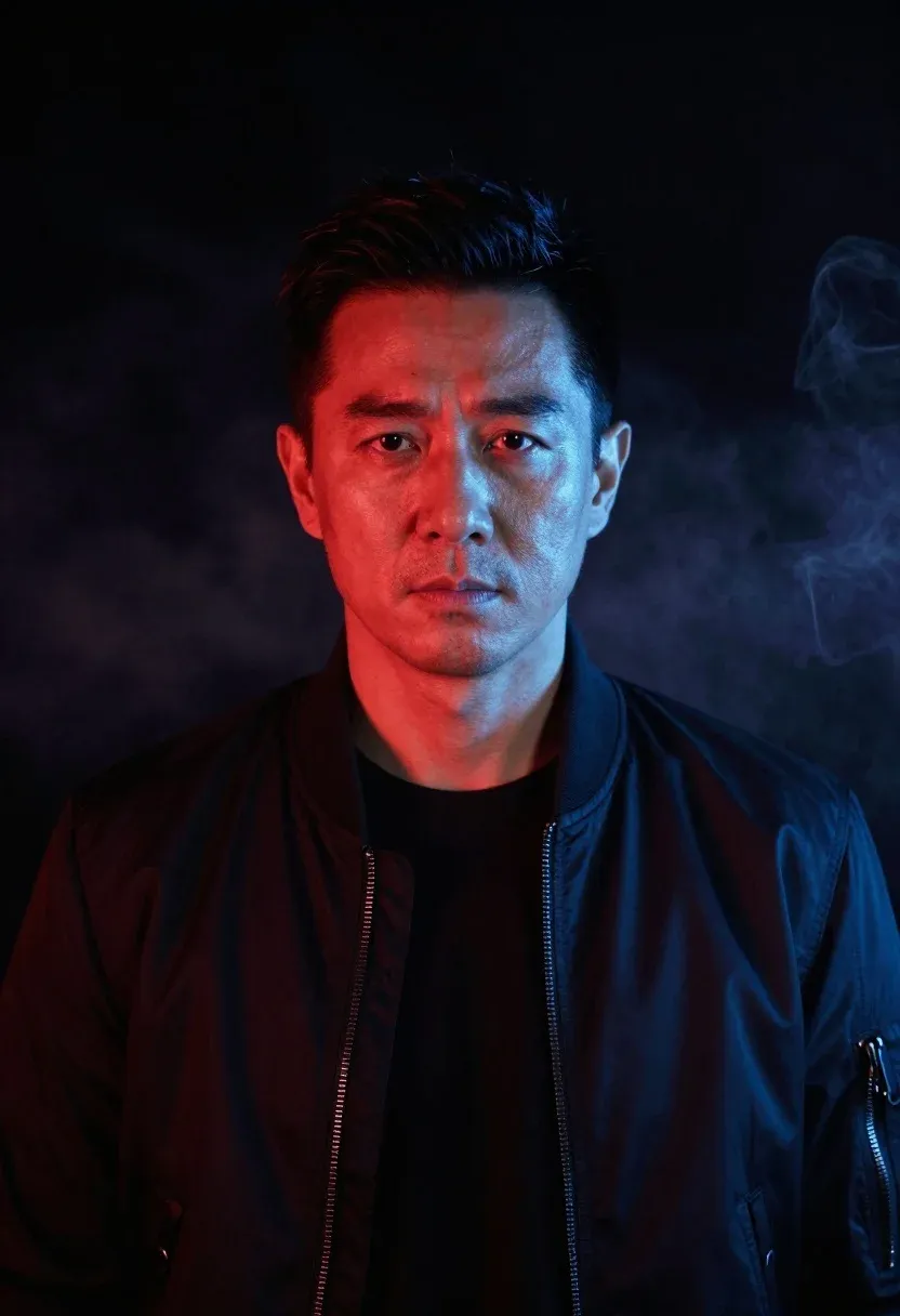 Cinematic Portrait Middle-aged Asian Man With Short Dark Hair And