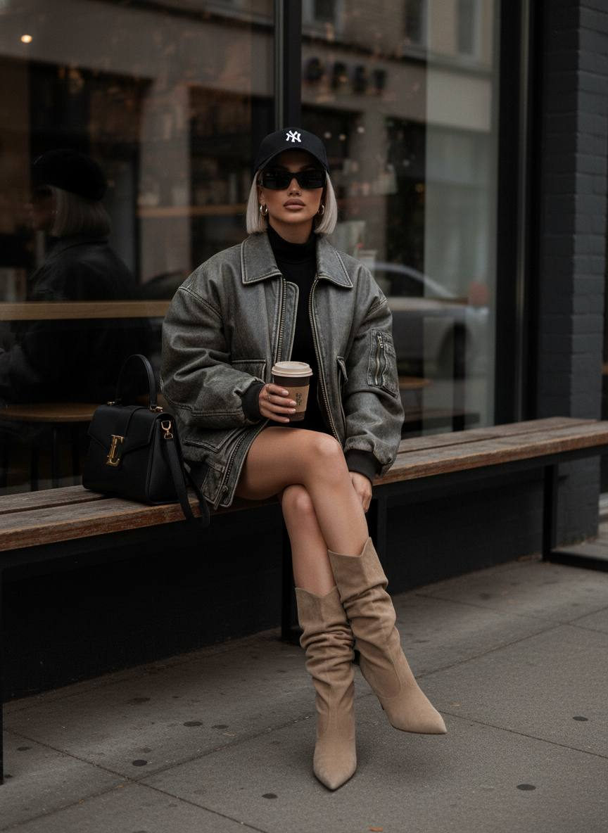 A woman with platinum-blond hair in a bomber jacket sits confidently on a bench holding a coffee cup, framed by an urban café backdrop.