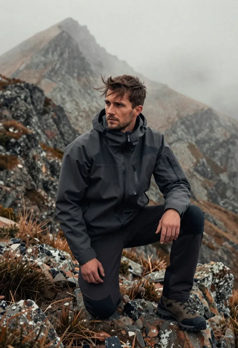 Rugged Man Kneels Rocky Mountain Ridge With Misty Peaks Rising